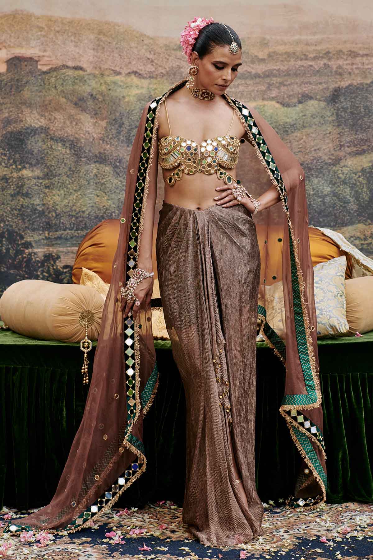 Buy ITRH, Designer Brown Embroidered Skirt Set Online